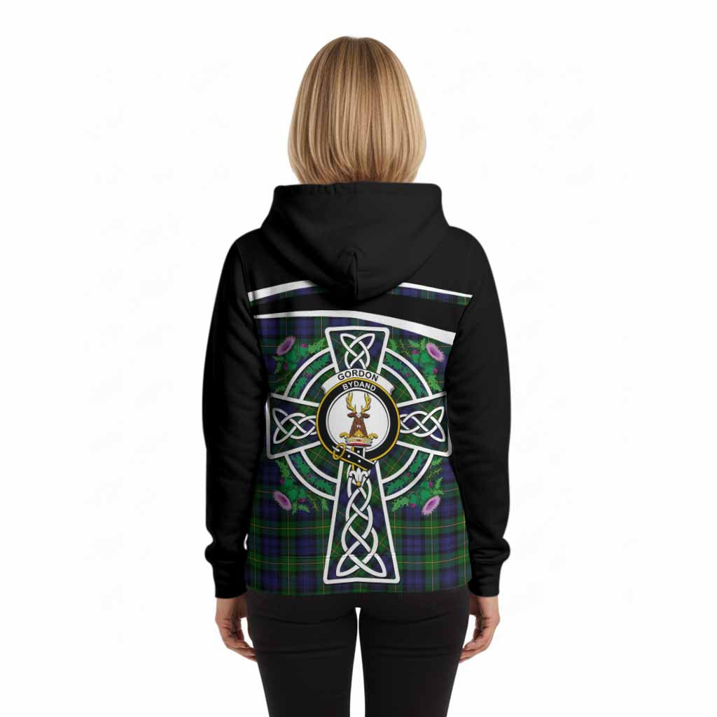 Gordon Tartan Crest Hoodie Scottish Thistle Celtic Cross Alba Gu Brath