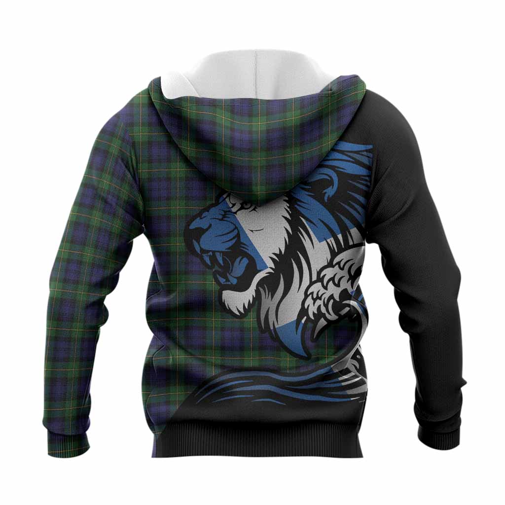 Gordon Tartan Crest Knitted Hoodie Scottish Golden Lions Wave Flow