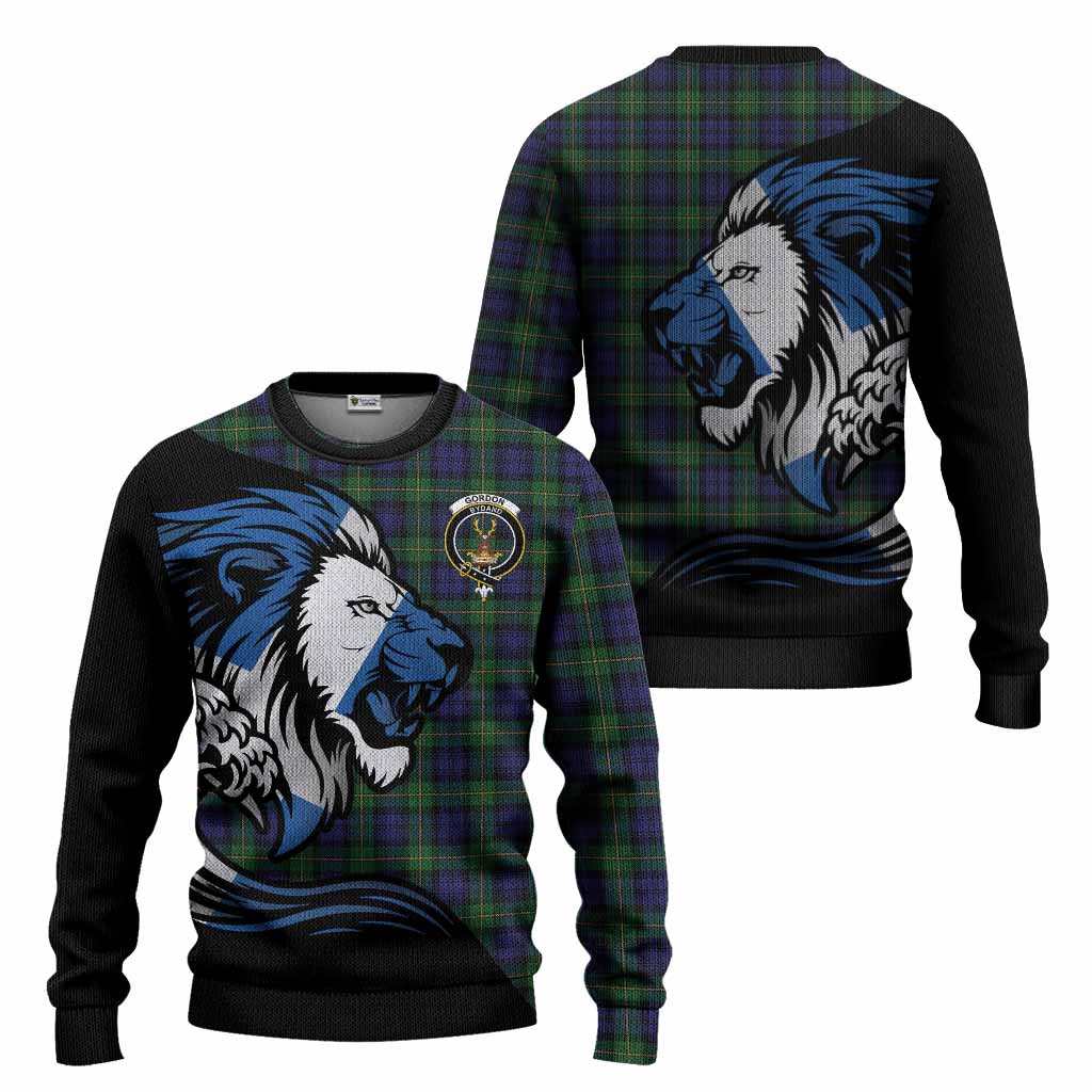 Gordon Tartan Crest Knitted Sweater Scottish Golden Lions Wave Flow