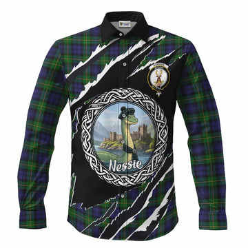 Gordon Tartan Crest Loch Ness Monster Long Sleeve Button Shirts Celtic Knot Nessie Art