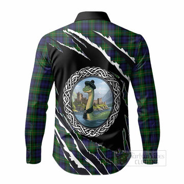Gordon Tartan Crest Loch Ness Monster Long Sleeve Button Shirts Celtic Knot Nessie Art