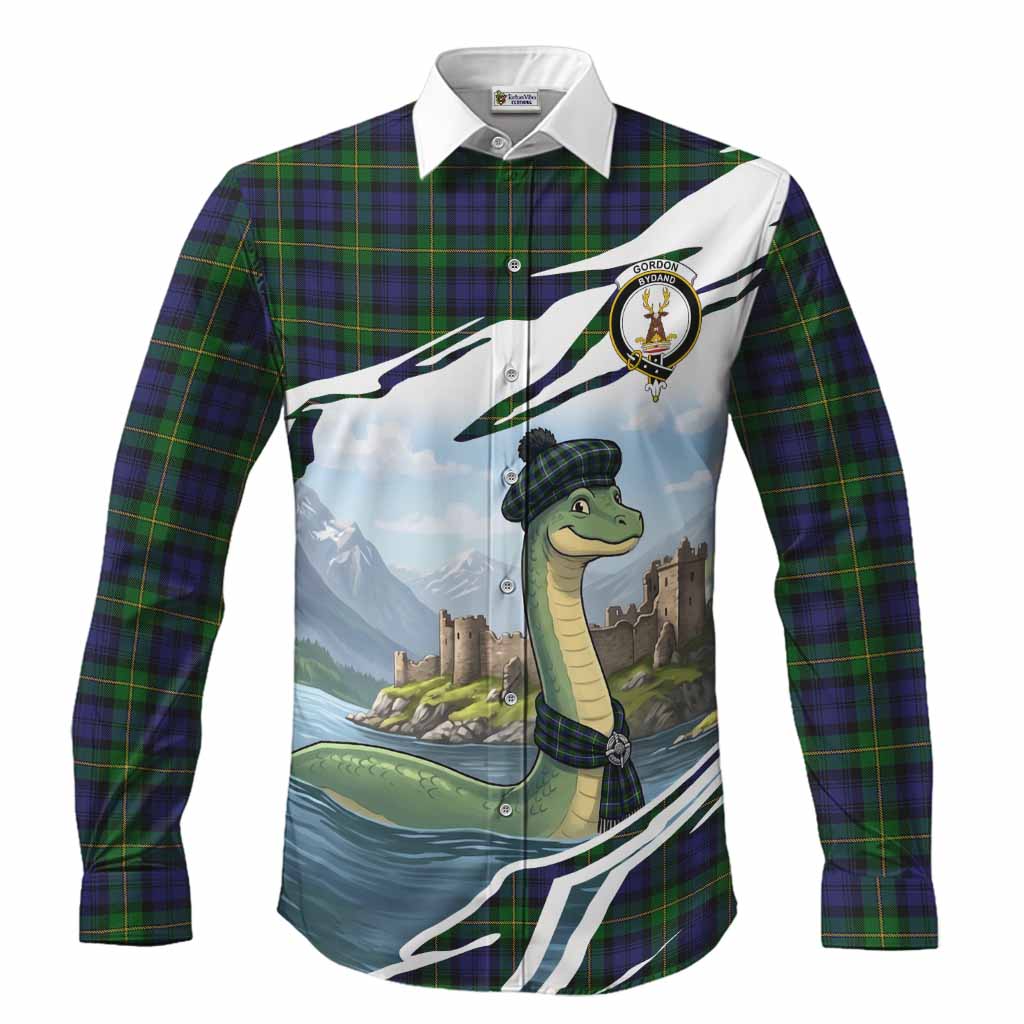 Gordon Tartan Crest Loch Ness Monster Scottish Heritage Art Long Sleeve Button Shirts