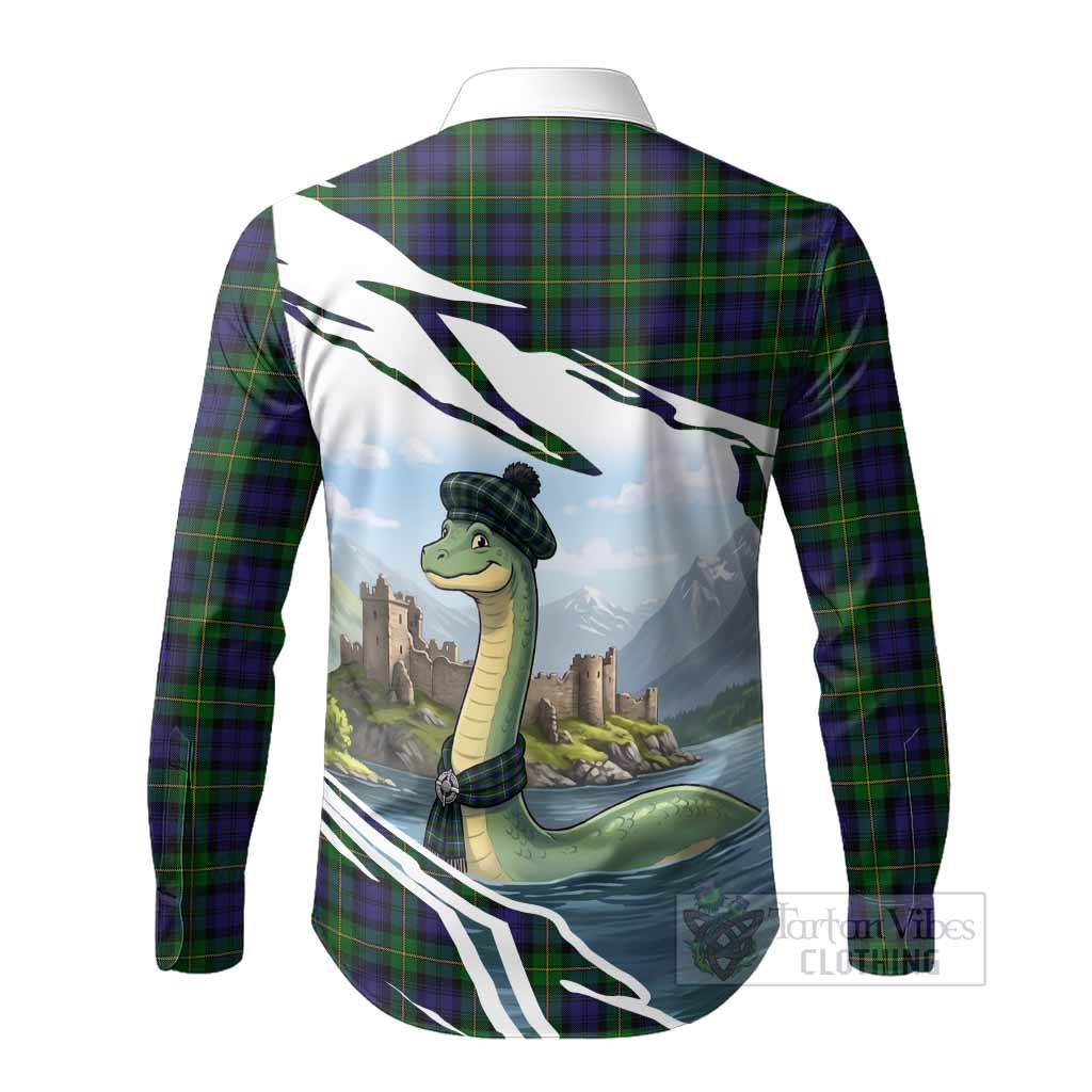 Gordon Tartan Crest Loch Ness Monster Scottish Heritage Art Long Sleeve Button Shirts