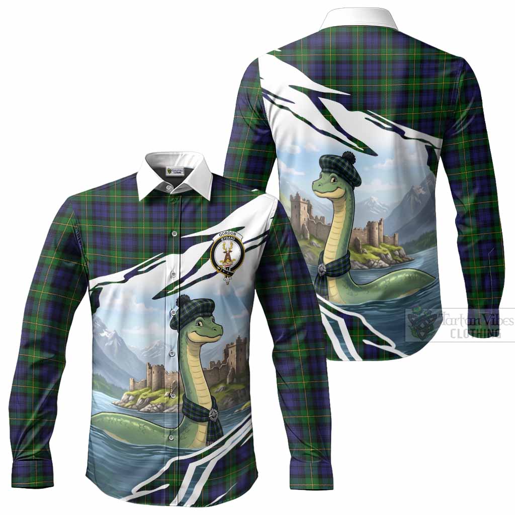 Gordon Tartan Crest Loch Ness Monster Scottish Heritage Art Long Sleeve Button Shirts
