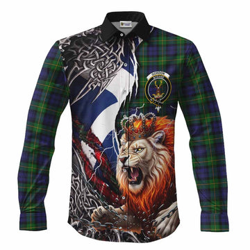 Gordon Tartan Crest Long Sleeve Button Shirts Heritage Flag Grunge Celtic Knot and Lion Rampant