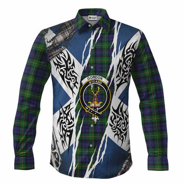 Gordon Tartan Crest Long Sleeve Button Shirts Scotland Flag Ripped Tribal Design