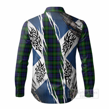 Gordon Tartan Crest Long Sleeve Button Shirts Scotland Flag Ripped Tribal Design