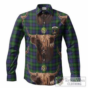 Gordon Tartan Crest Long Sleeve Button Shirts Scotland Heilan Coo Tartan Seamless Style