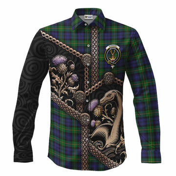 Gordon Tartan Crest Long Sleeve Button Shirts Scottish Thistle Loch Ness Monster