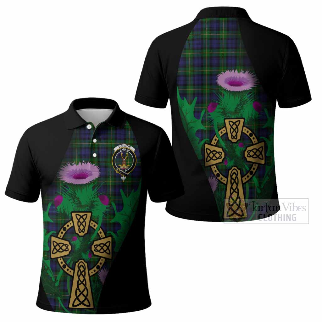 Gordon Tartan Crest Polo Shirt Celtic Cross Thistle Flowers