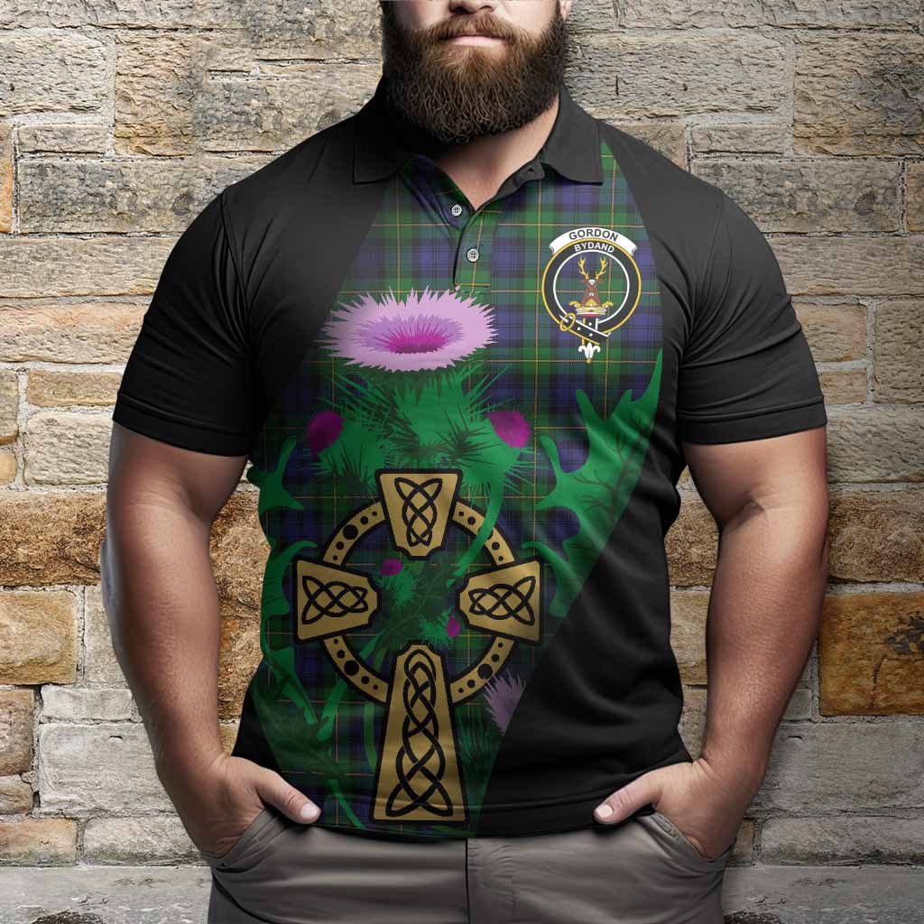 Gordon Tartan Crest Polo Shirt Celtic Cross Thistle Flowers