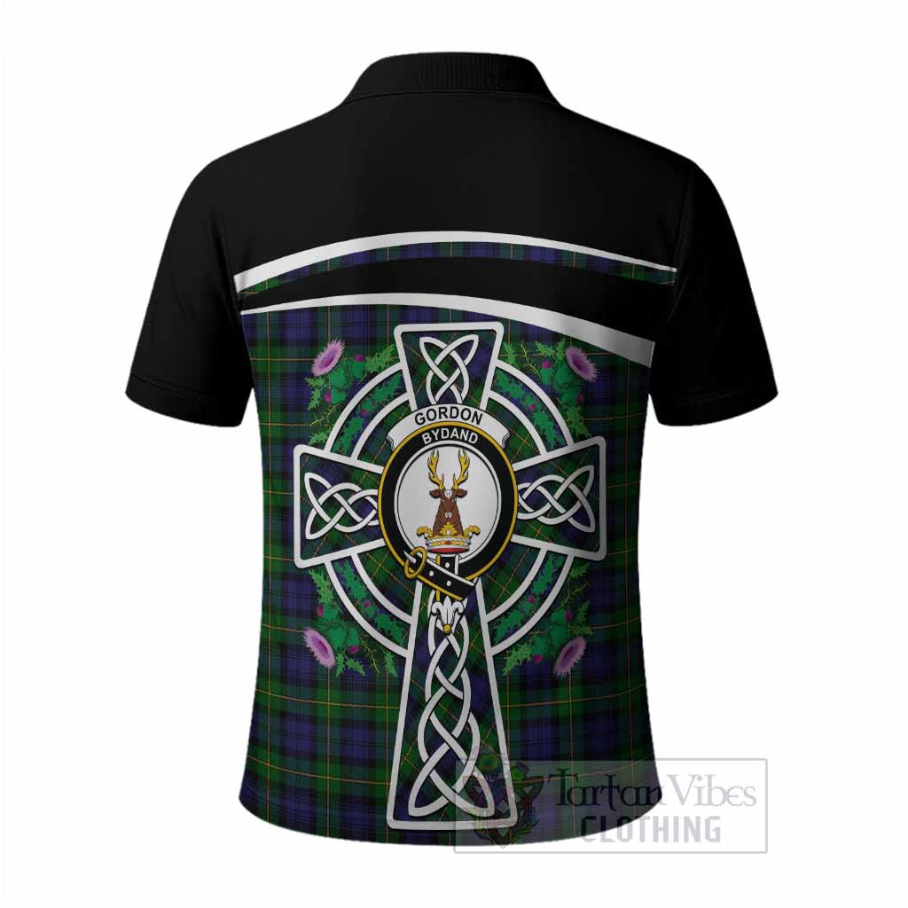 Gordon Tartan Crest Polo Shirt Scottish Thistle Celtic Cross Alba Gu Brath