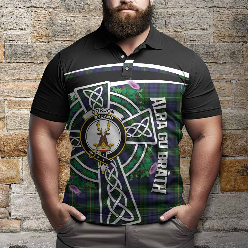 Gordon Tartan Crest Polo Shirt Scottish Thistle Celtic Cross Alba Gu Brath