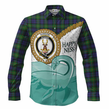 Gordon Tartan Crest Scottish Loch Ness Monster Long Sleeve Button Shirts Happy Ness Scotland Celtic Knot