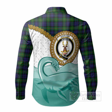 Gordon Tartan Crest Scottish Loch Ness Monster Long Sleeve Button Shirts Happy Ness Scotland Celtic Knot