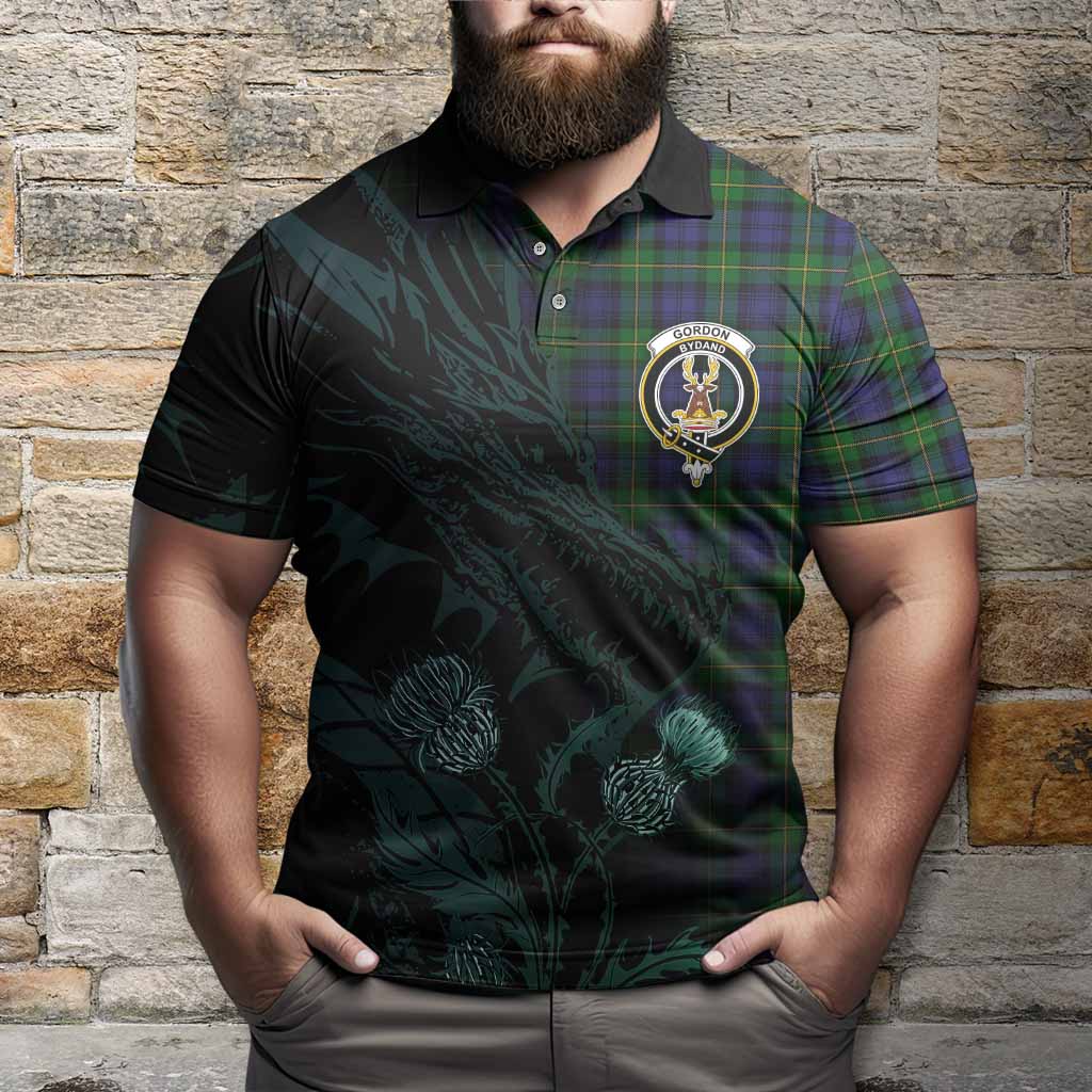 Gordon Tartan Crest Scottish Polo Shirt Dragon and Thistle