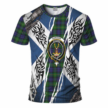 Gordon Tartan Crest T-Shirt Scotland Flag Ripped Tribal Design