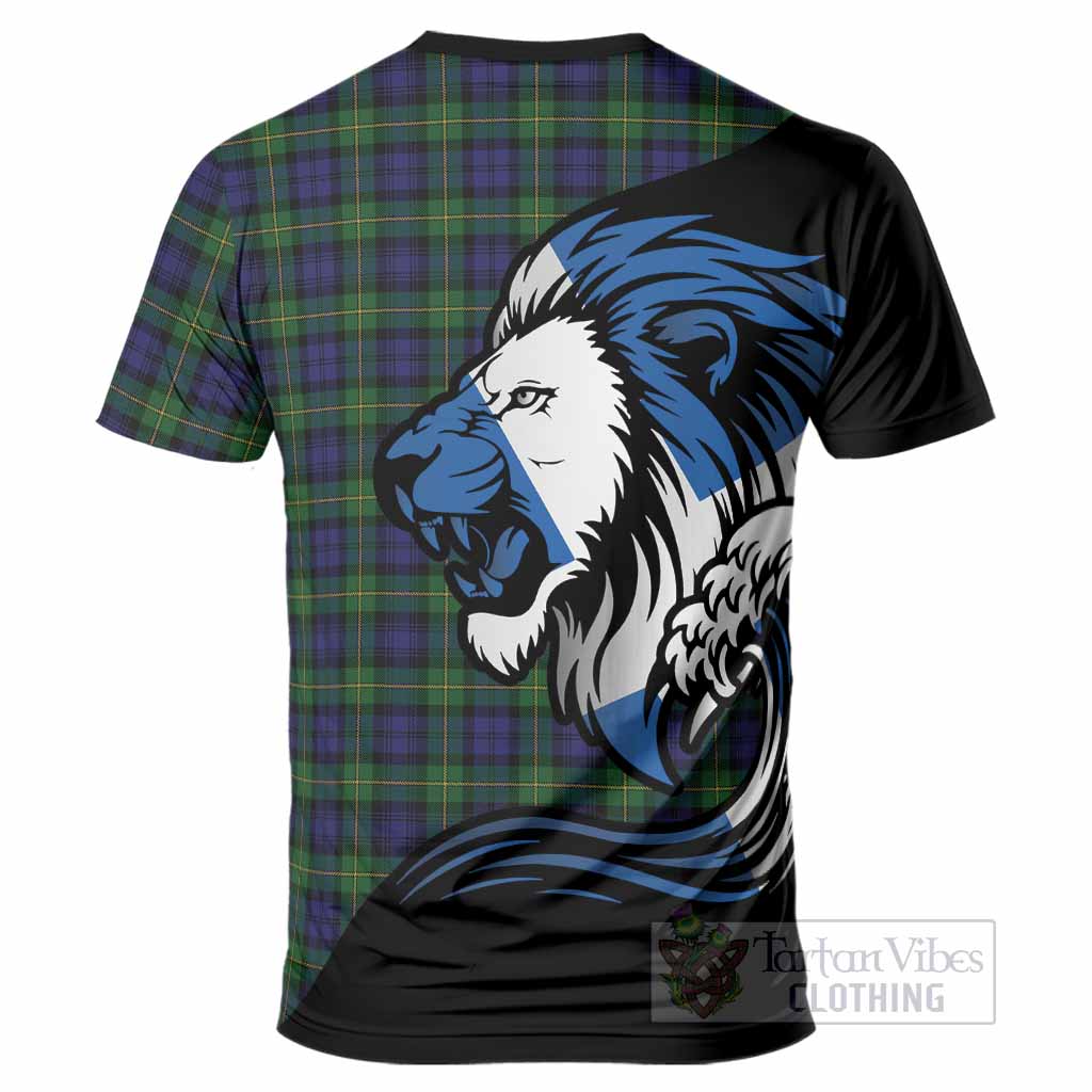 Gordon Tartan Crest T-Shirt Scottish Golden Lions Wave Flow