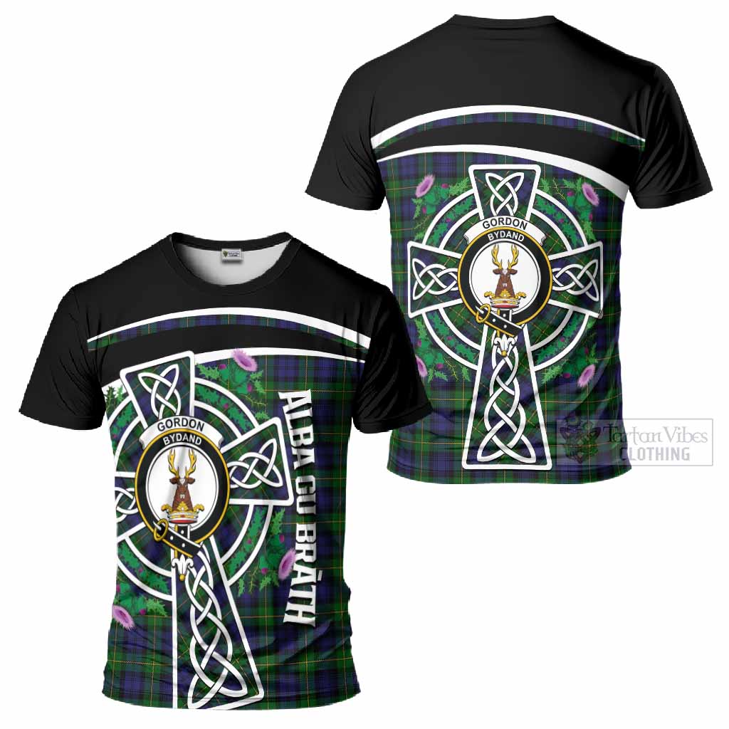 Gordon Tartan Crest T-Shirt Scottish Thistle Celtic Cross Alba Gu Brath