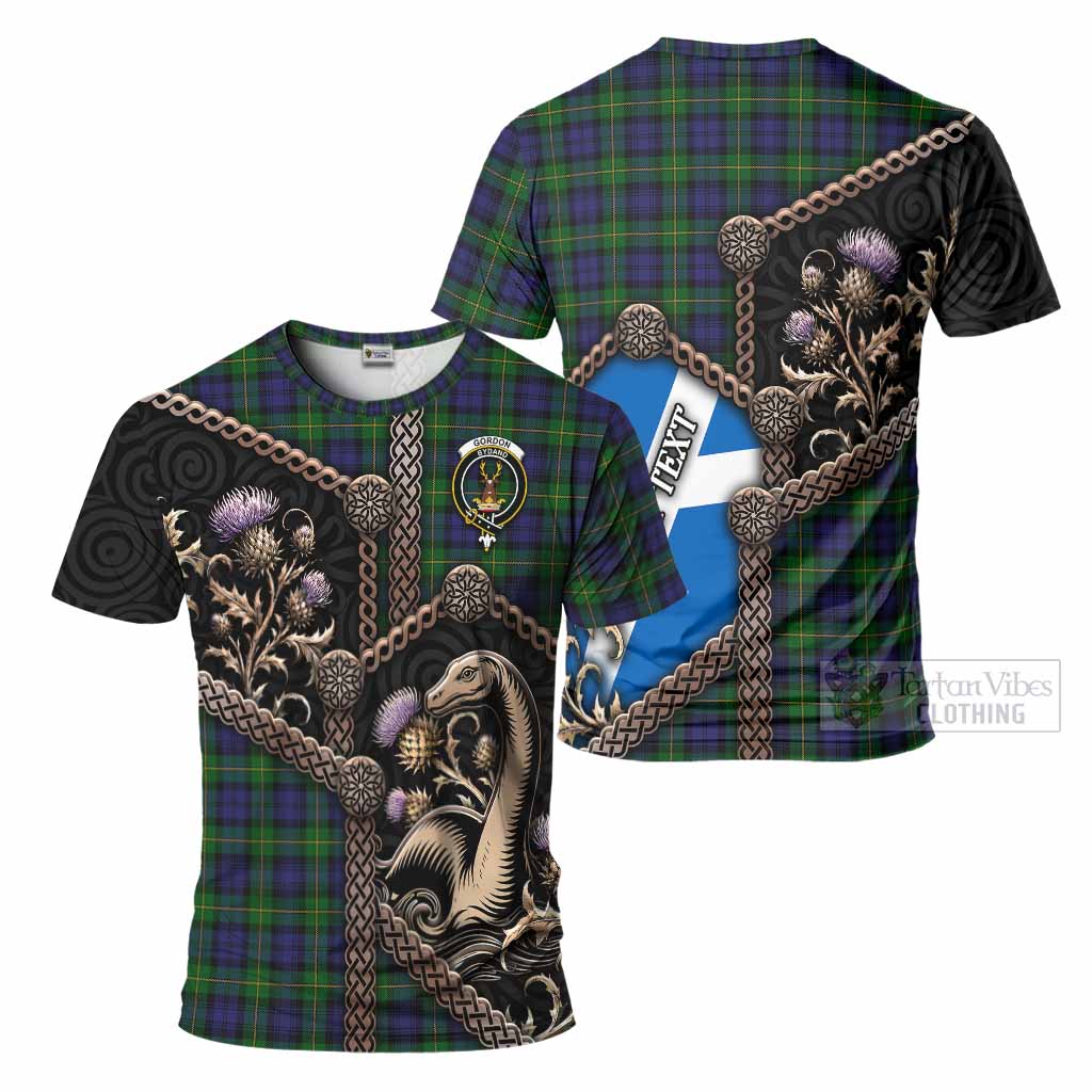 Gordon Tartan Crest T-Shirt Scottish Thistle Loch Ness Monster