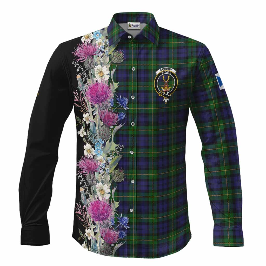 Gordon Tartan Crest Thistle Floral Long Sleeve Button Shirts