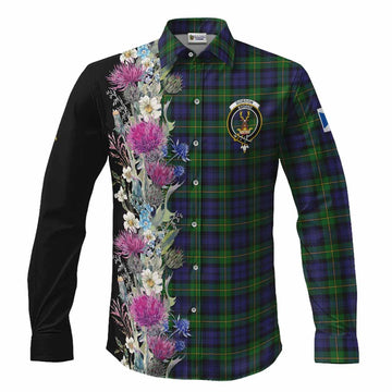 Gordon Tartan Crest Thistle Floral Long Sleeve Button Shirts
