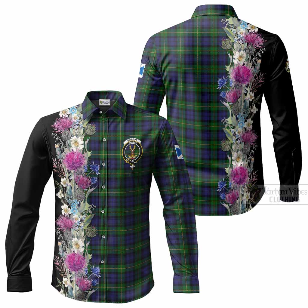 Gordon Tartan Crest Thistle Floral Long Sleeve Button Shirts