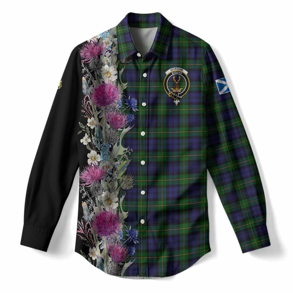 Gordon Tartan Crest Thistle Floral Women Casual Shirt