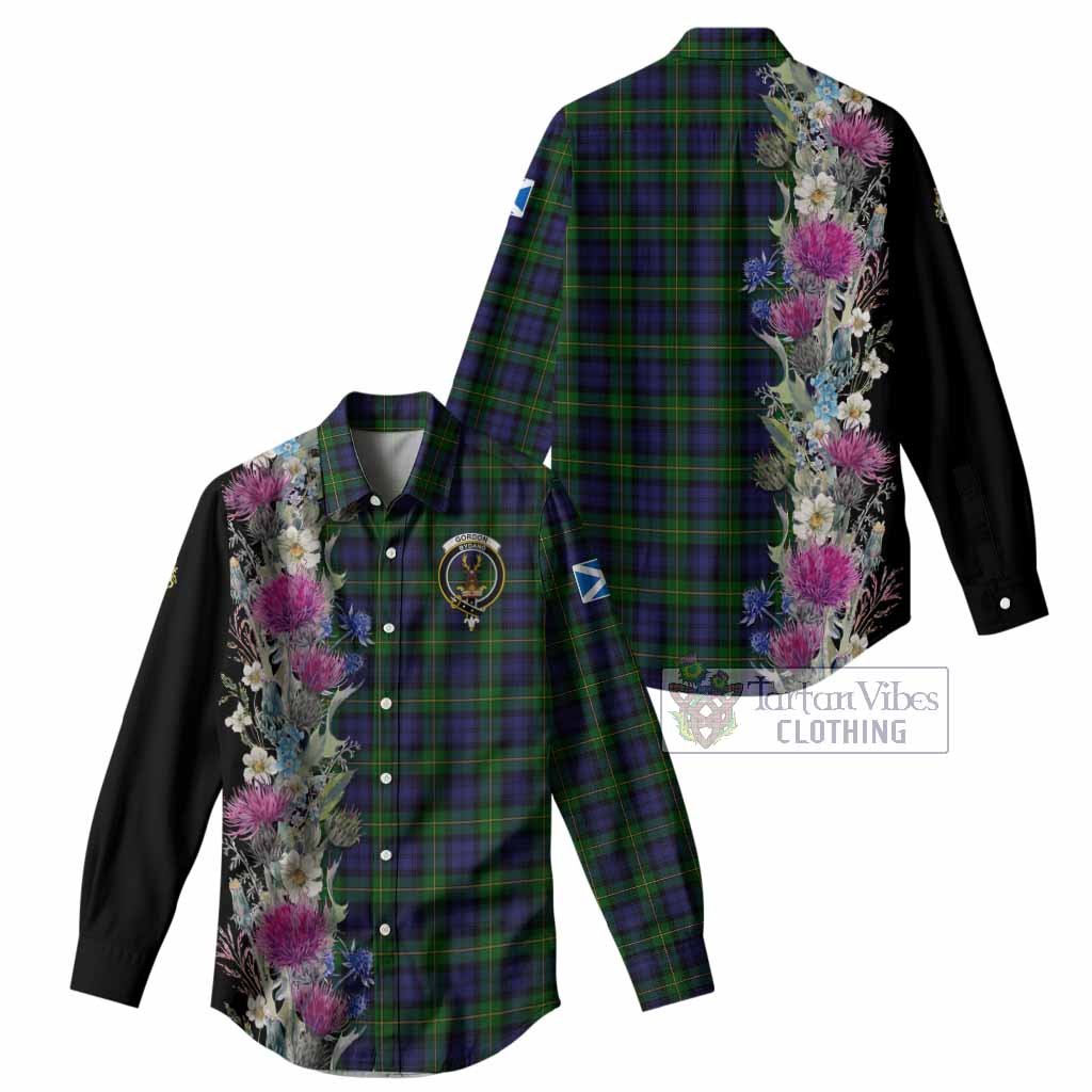 Gordon Tartan Crest Thistle Floral Women Casual Shirt