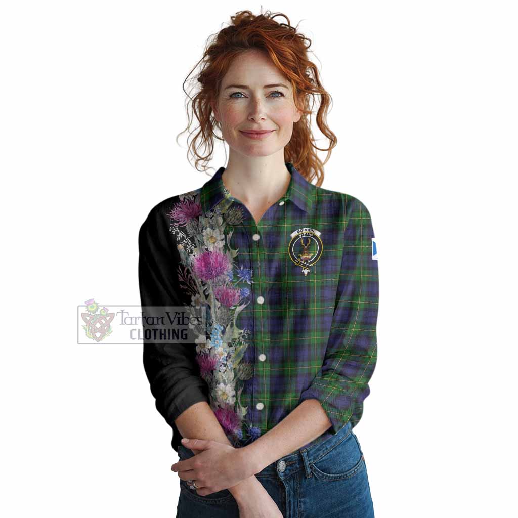 Gordon Tartan Crest Thistle Floral Women Casual Shirt
