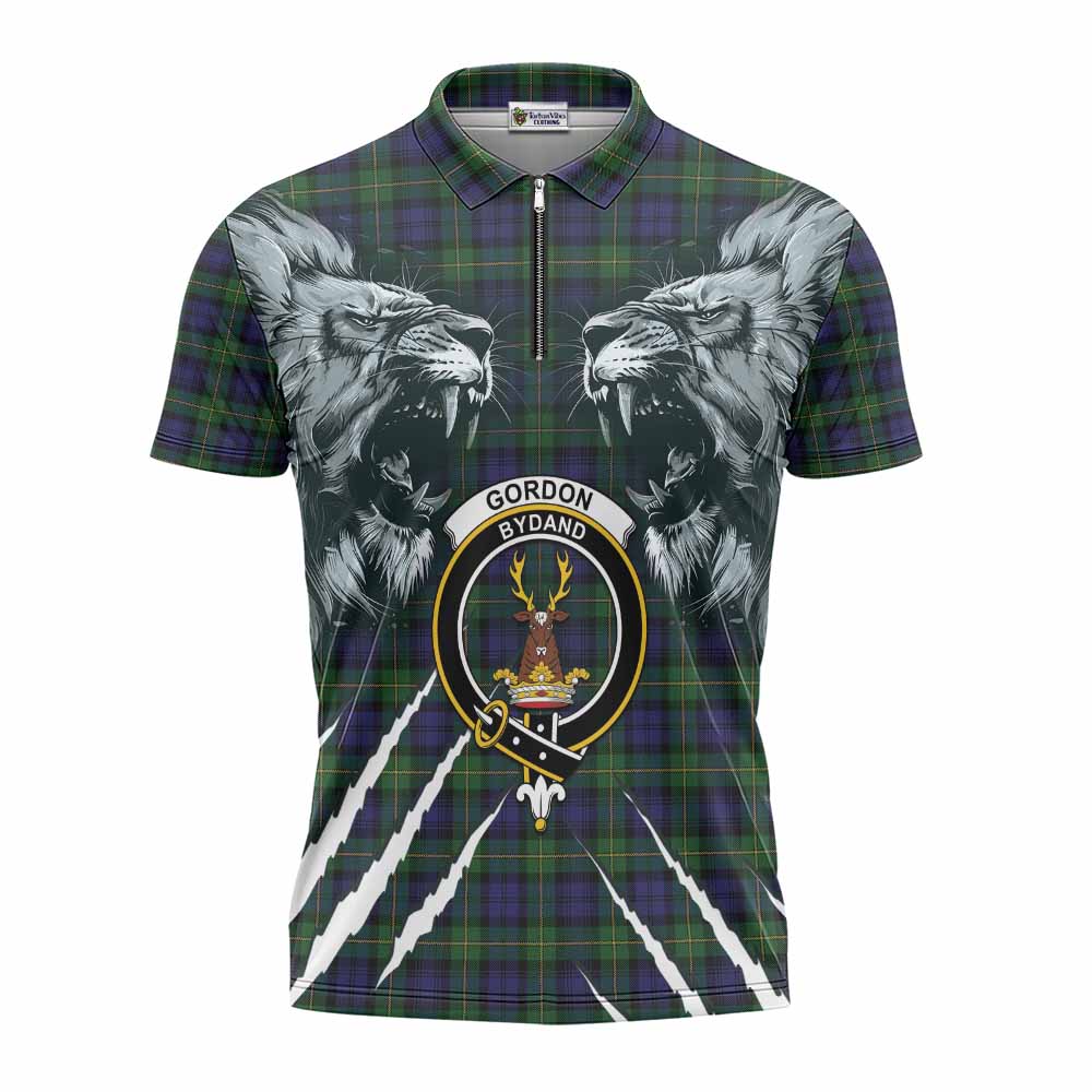 Gordon Tartan Crest Zipper Polo Shirt Ferocious Lion Style