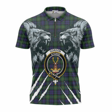 Gordon Tartan Crest Zipper Polo Shirt Ferocious Lion Style