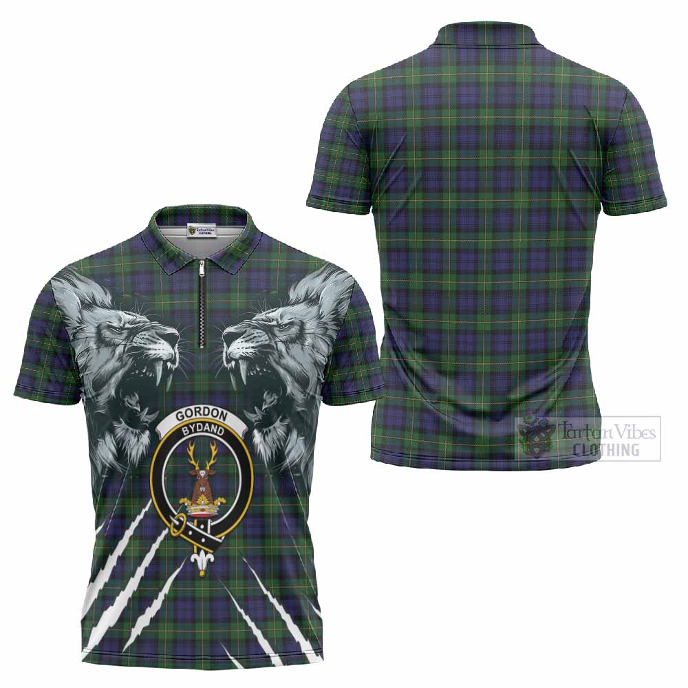 Gordon Tartan Crest Zipper Polo Shirt Ferocious Lion Style