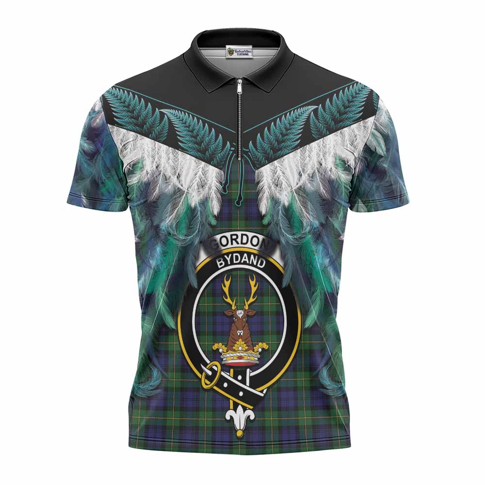 Gordon Tartan Crest Zipper Polo Shirt New Zealand Maori Korowai Cloak