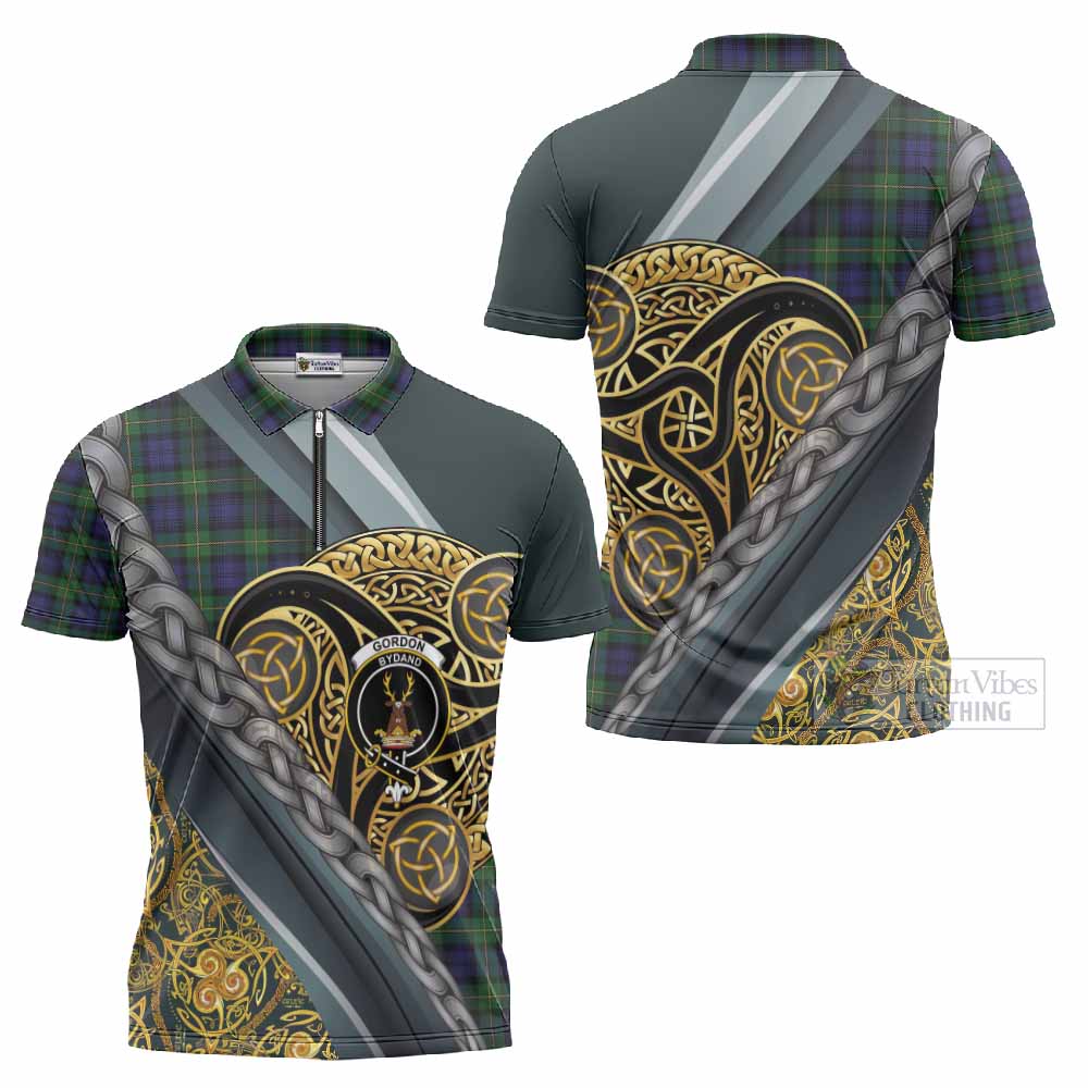 Gordon Tartan Crest Zipper Polo Shirt Scottish Triskele Celtic