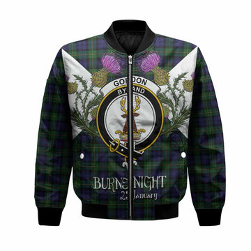 Gordon Tartan Family Crest Bomber Jacket Scottish Burns Night Thistle Floral