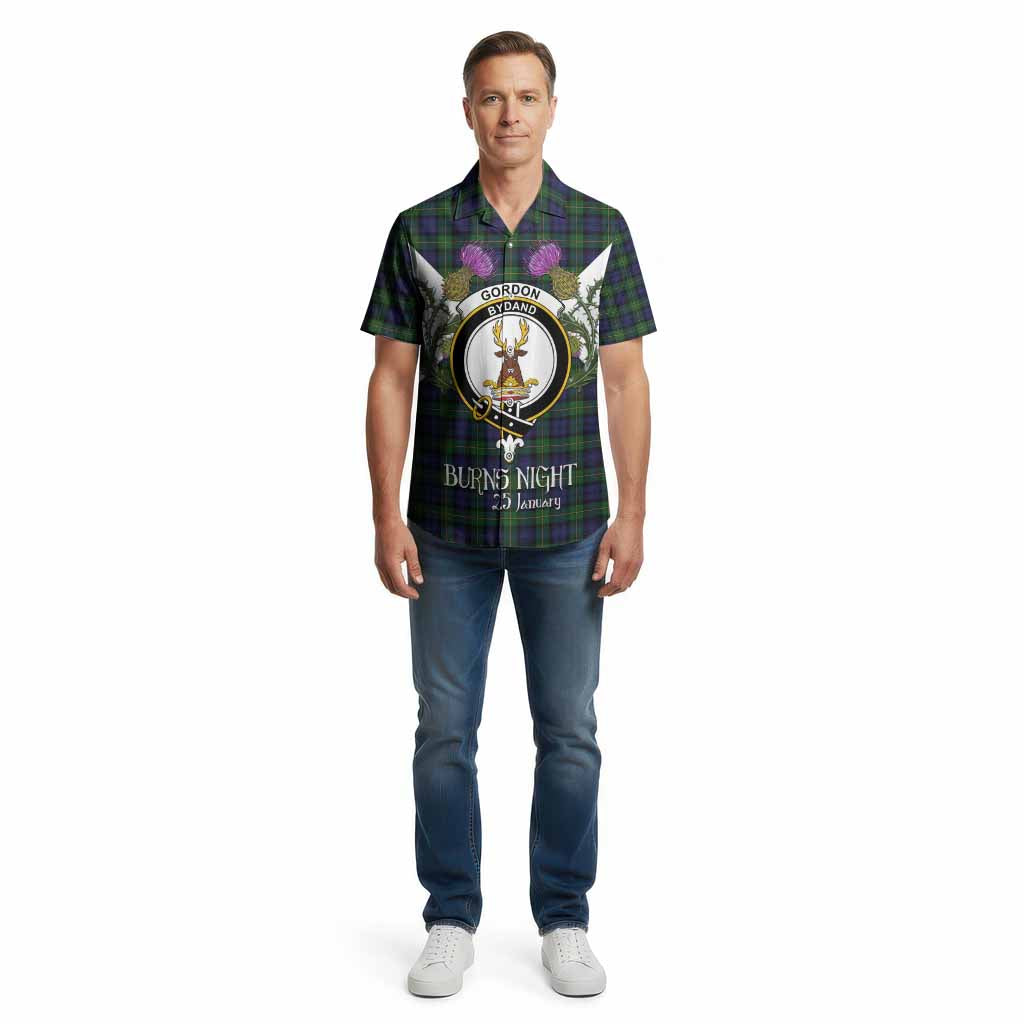 Gordon Tartan Family Crest Cotton Hawaiian Shirt Scottish Burns Night Thistle Floral