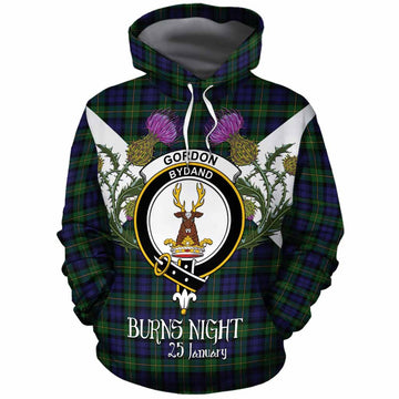 Gordon Tartan Family Crest Cotton Hoodie Scottish Burns Night Thistle Floral