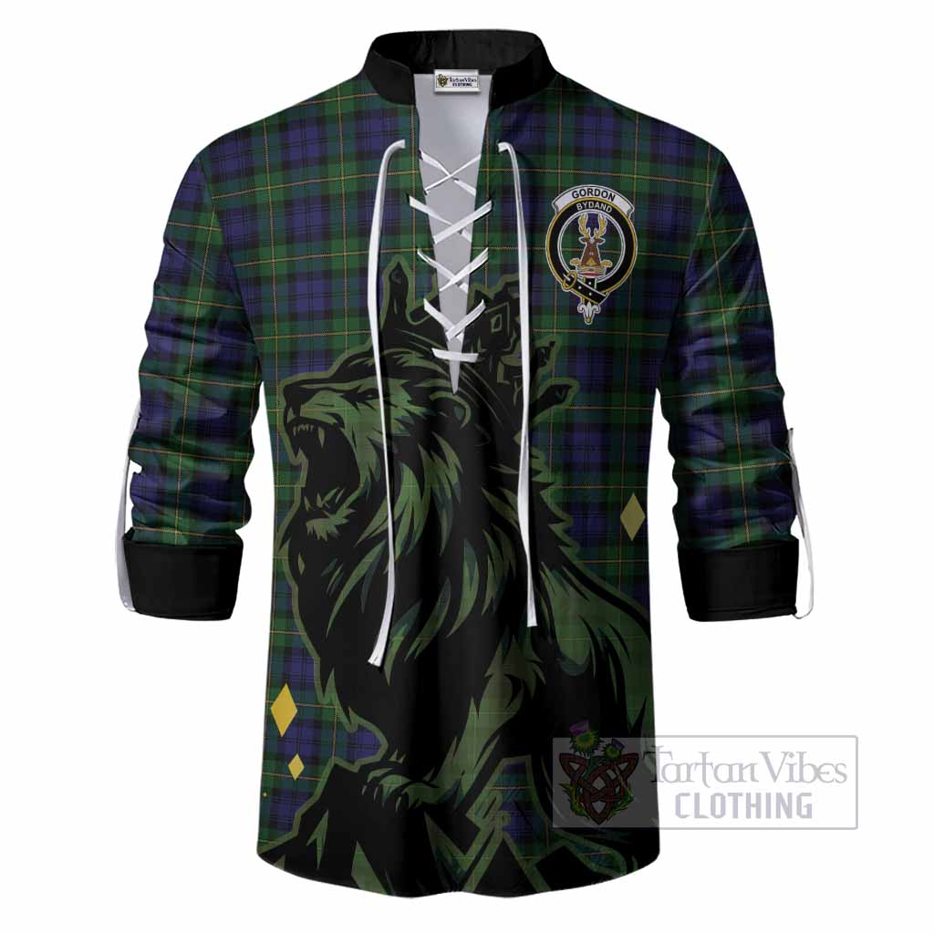 Gordon Tartan Family Crest Ghillie Shirt Crowned Lion Roaring