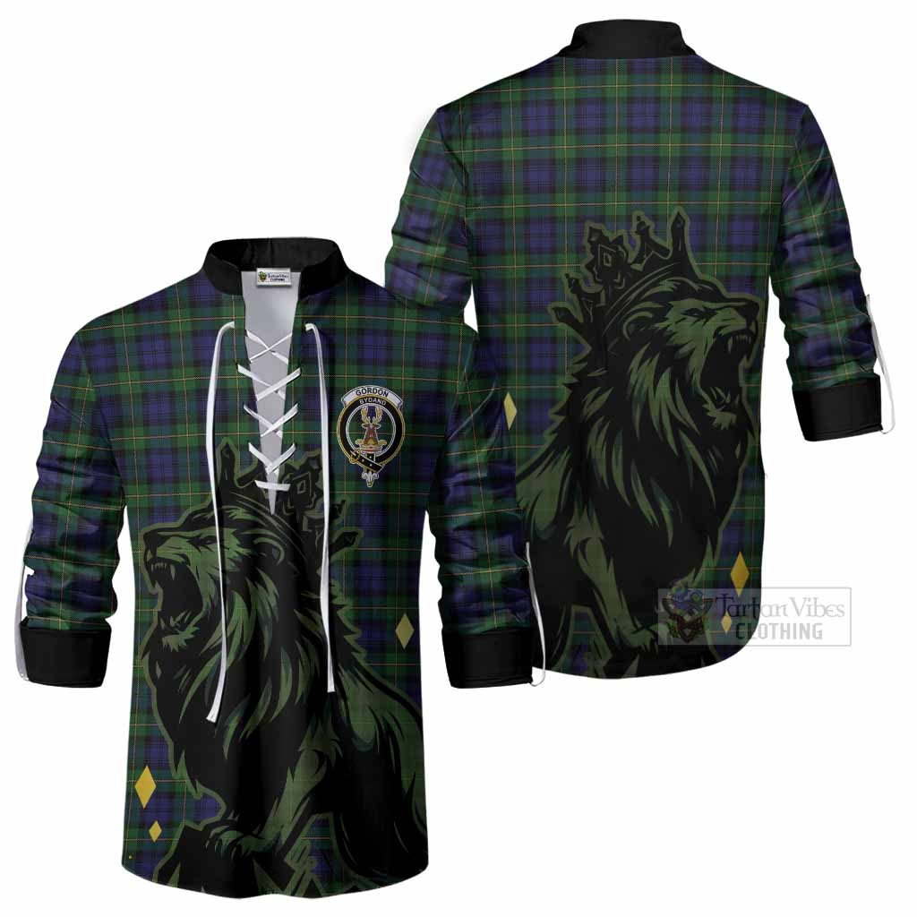 Gordon Tartan Family Crest Ghillie Shirt Crowned Lion Roaring