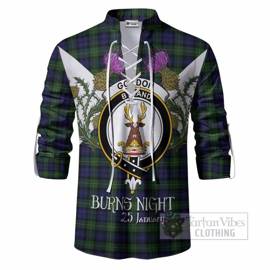 Gordon Tartan Family Crest Ghillie Shirt Scottish Burns Night Thistle Floral