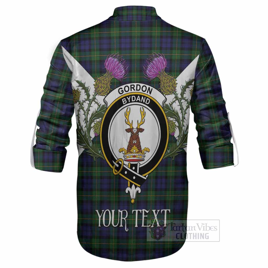 Gordon Tartan Family Crest Ghillie Shirt Scottish Burns Night Thistle Floral