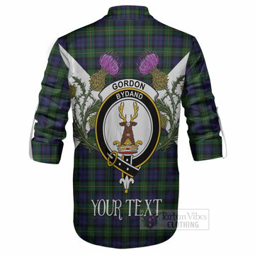Gordon Tartan Family Crest Ghillie Shirt Scottish Burns Night Thistle Floral