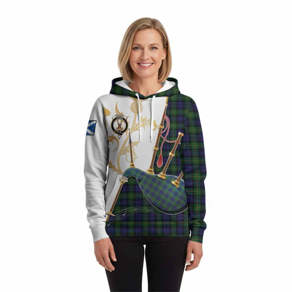 Gordon Tartan Family Crest Hoodie Bagpipes with Scottish Thistle