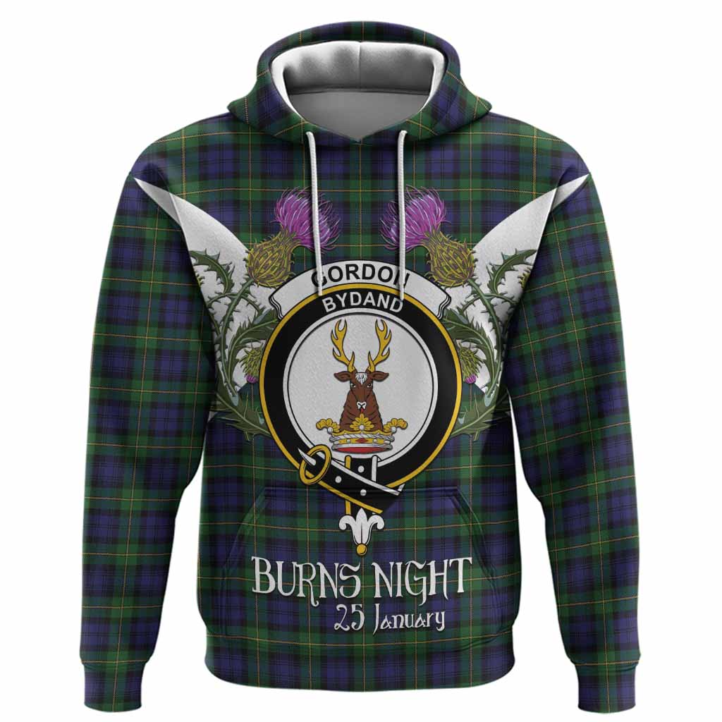 Gordon Tartan Family Crest Hoodie Scottish Burns Night Thistle Floral