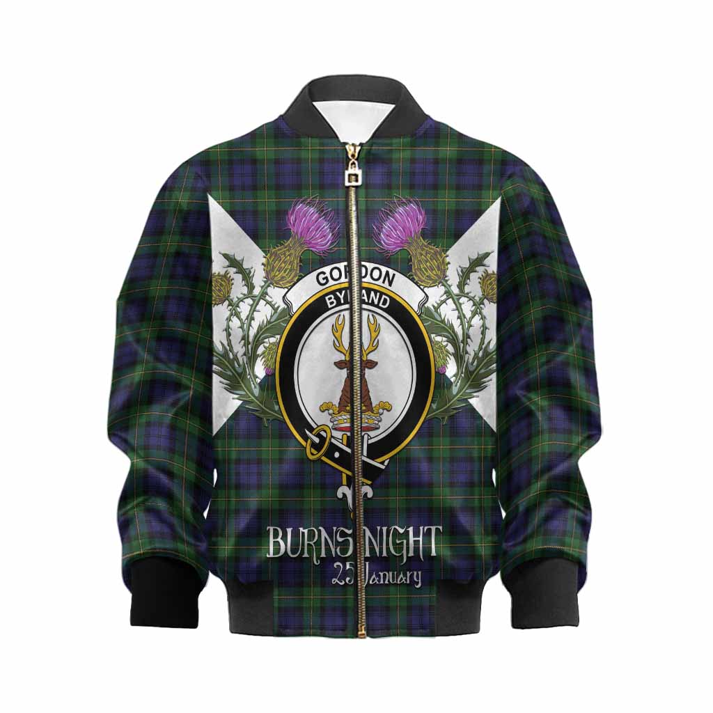 Gordon Tartan Family Crest Kid Bomber Jacket Scottish Burns Night Thistle Floral