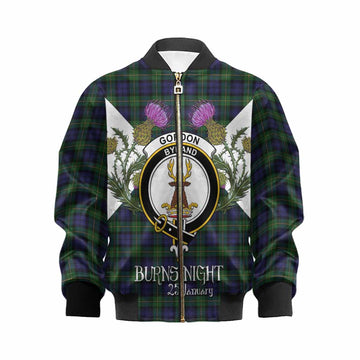 Gordon Tartan Family Crest Kid Bomber Jacket Scottish Burns Night Thistle Floral