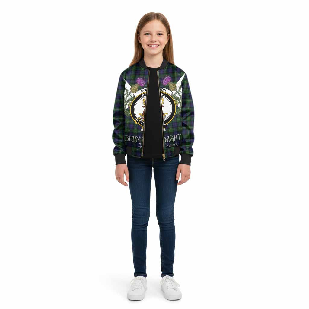 Gordon Tartan Family Crest Kid Bomber Jacket Scottish Burns Night Thistle Floral
