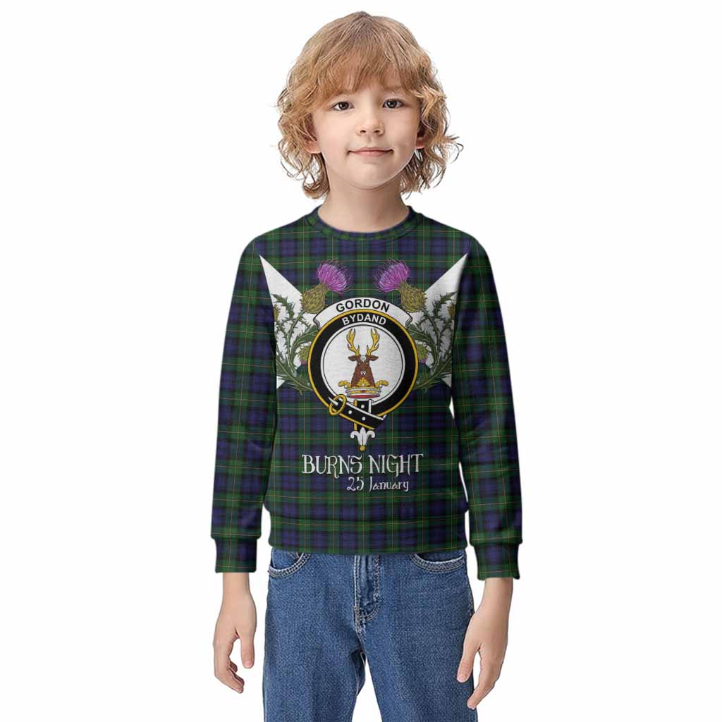 Gordon Tartan Family Crest Kid Knitted Sweatshirt Scottish Burns Night Thistle Floral
