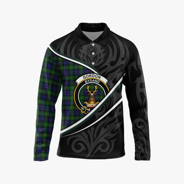 Gordon Tartan Family Crest Long Sleeve Polo Shirt Celtic Scottish Thistle Floral
